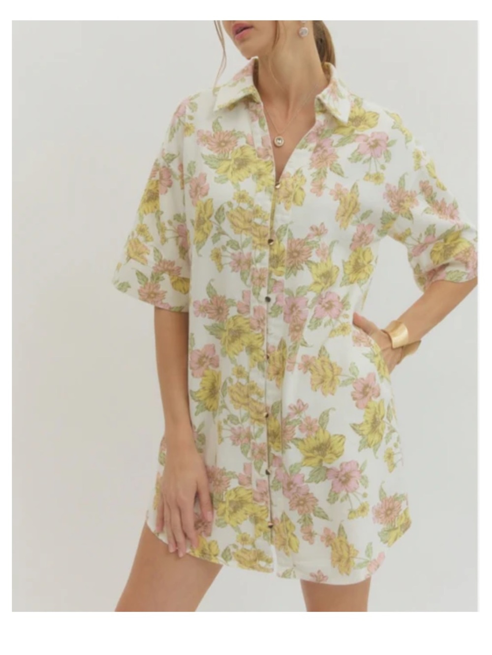 NEW Boho White Collared Denim Shirt Dress with Yellow and Pink Floral Pattern